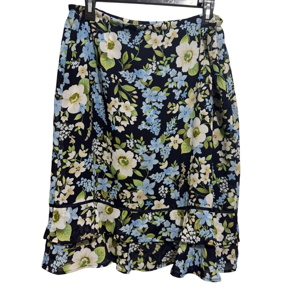 Dressbarn Floral Midi Skirt Womens Large‎ Navy Blue Ruffle Hem Chiffon Lined Bow